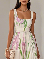 Evelyn | Women's Pleated Floral Summer Dress Square Neck Chiffon Maxi 1