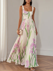Evelyn | Women's Pleated Floral Summer Dress Square Neck Chiffon Maxi 3