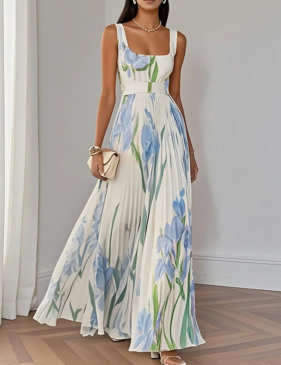 Evelyn | Women's Pleated Floral Summer Dress Square Neck Chiffon Maxi 4