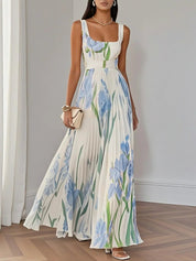 Evelyn | Women's Pleated Floral Summer Dress Square Neck Chiffon Maxi 4
