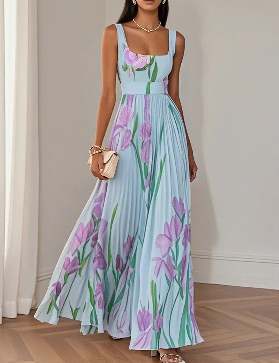 Evelyn | Women's Pleated Floral Summer Dress Square Neck Chiffon Maxi 5