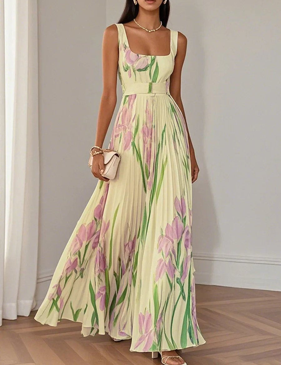 Evelyn | Women's Pleated Floral Summer Dress Square Neck Chiffon Maxi 6