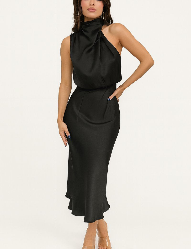 Evelyn | Women's Satin Halter Midi Summer Dress Jumpsuit Sleeveless Draped 0