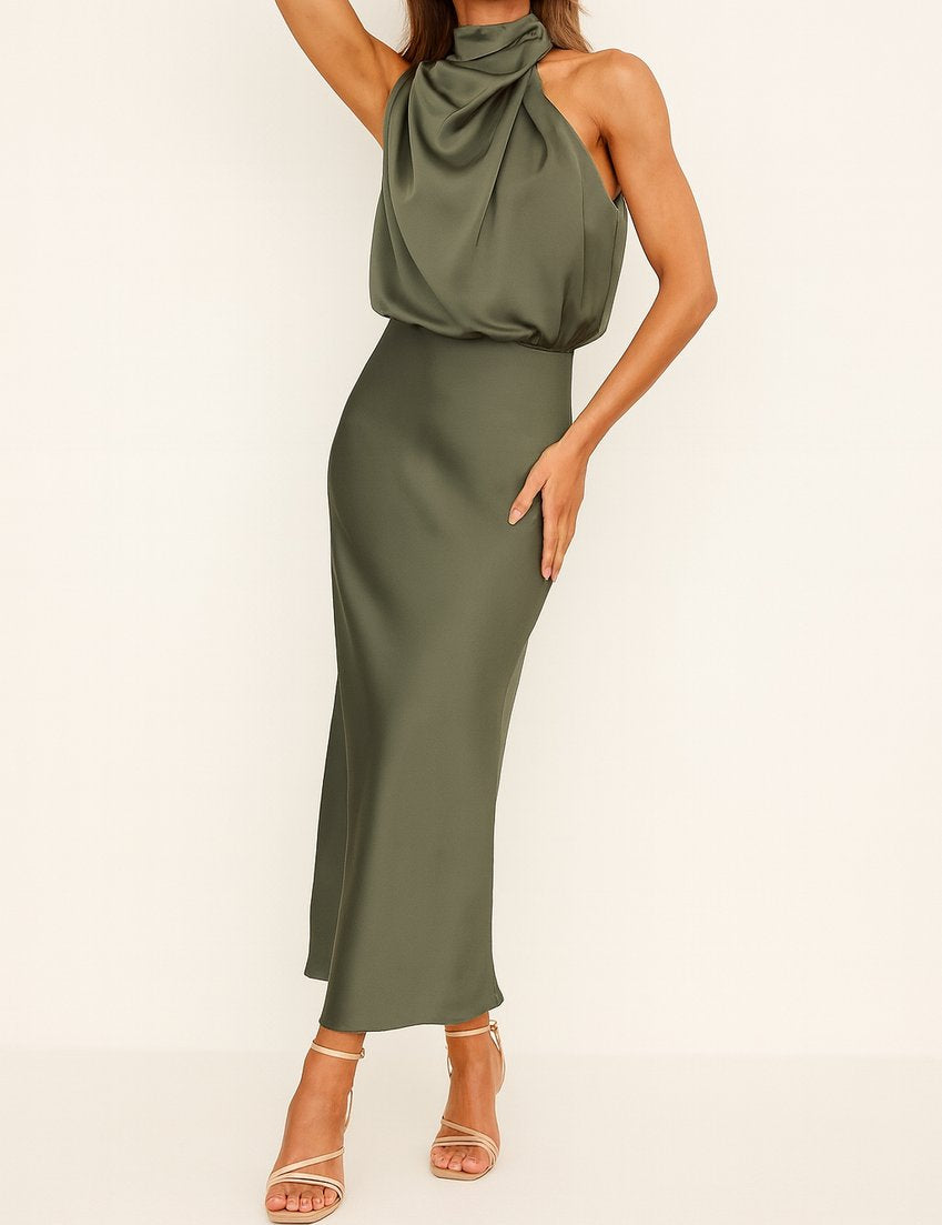 Evelyn | Women's Satin Halter Midi Summer Dress Jumpsuit Sleeveless Draped 1
