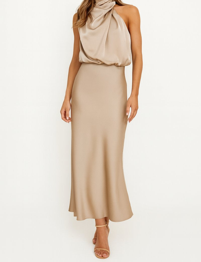 Evelyn | Women's Satin Halter Midi Summer Dress Jumpsuit Sleeveless Draped 2
