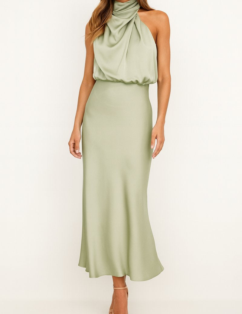 Evelyn | Women's Satin Halter Midi Summer Dress Jumpsuit Sleeveless Draped 3