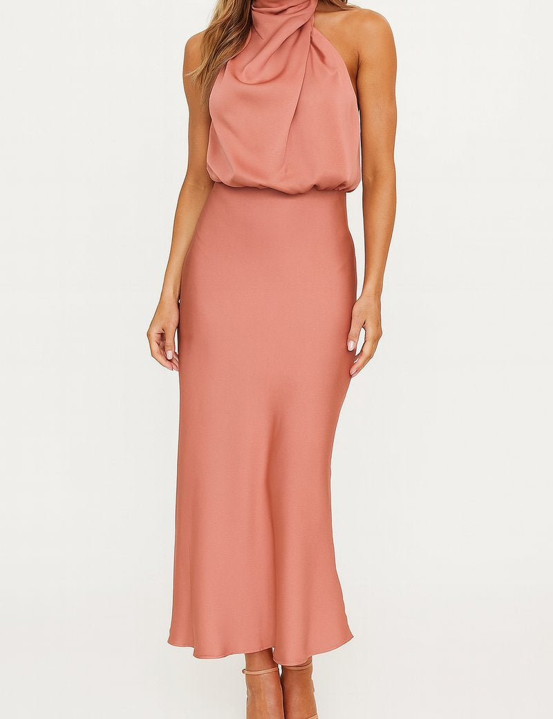 Evelyn | Women's Satin Halter Midi Summer Dress Jumpsuit Sleeveless Draped 5