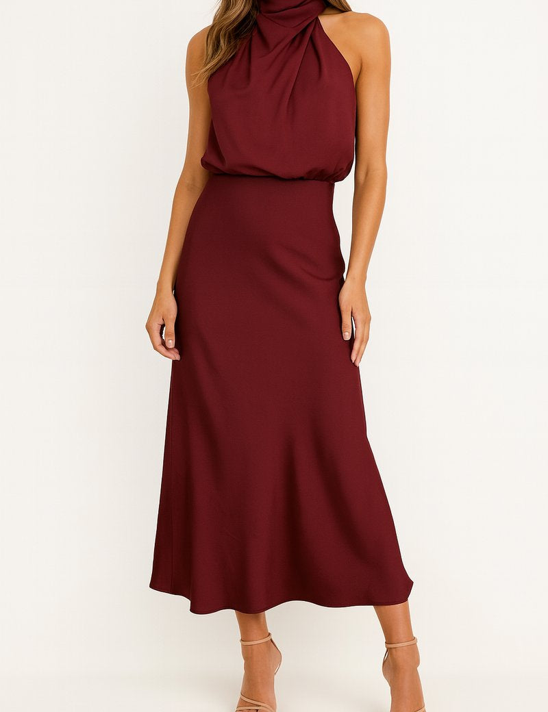 Evelyn | Women's Satin Halter Midi Summer Dress Jumpsuit Sleeveless Draped 6