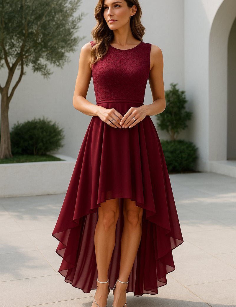 Evelyn | Women's Sleeveless Lace Bodice High-Low Wedding Guest Dress 0