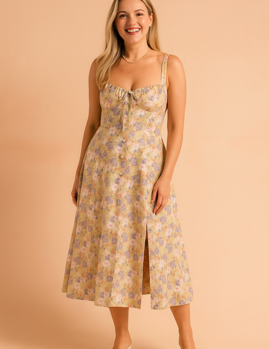 Ewa | Floral midi dress with a slit and ruffle at the bust 0
