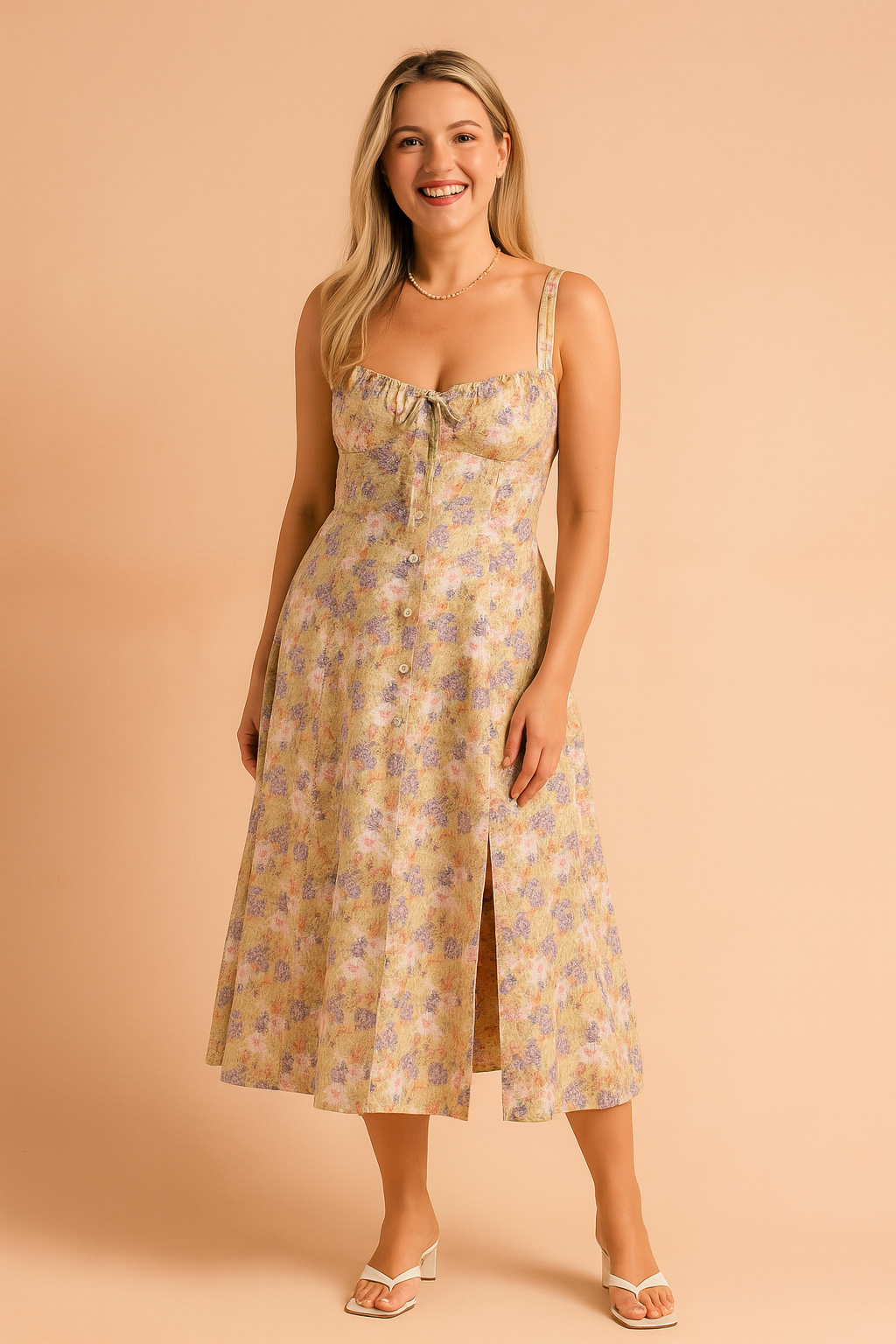 Ewa | Floral midi dress with a slit and ruffle at the bust 0