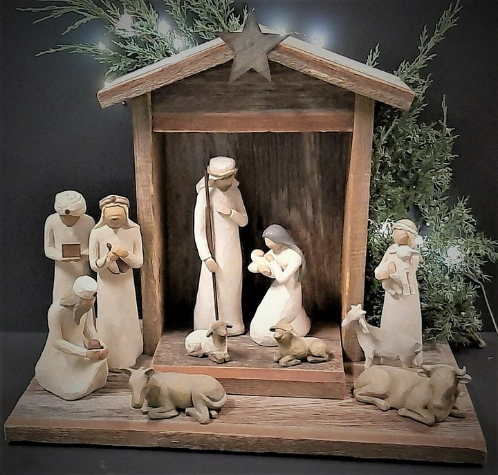Handmade 20-Piece Wooden Nativity Set with Rustic Barn Wood Creche – Timeless Christmas Nativity Scene Decor 1