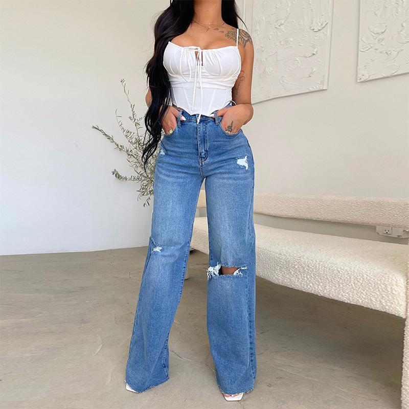 High Rise Women's Wide Leg Jeans with Ripped Knees and Raw Hem for Effortless Style 0