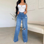 High Rise Women's Wide Leg Jeans with Ripped Knees and Raw Hem for Effortless Style 0