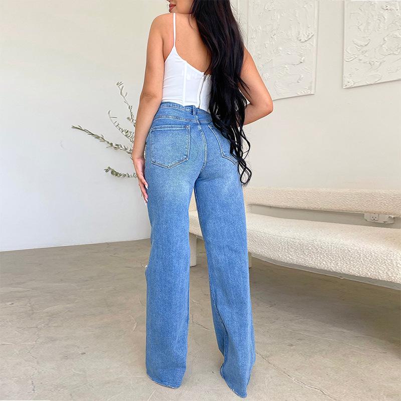 High Rise Women's Wide Leg Jeans with Ripped Knees and Raw Hem for Effortless Style 1