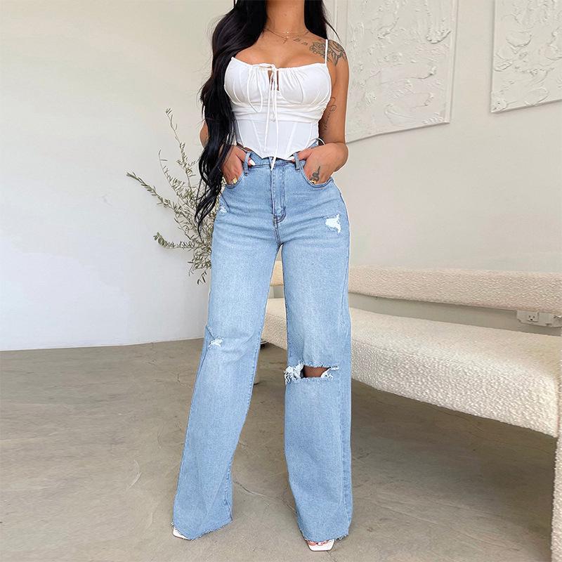 High Rise Women's Wide Leg Jeans with Ripped Knees and Raw Hem for Effortless Style 2