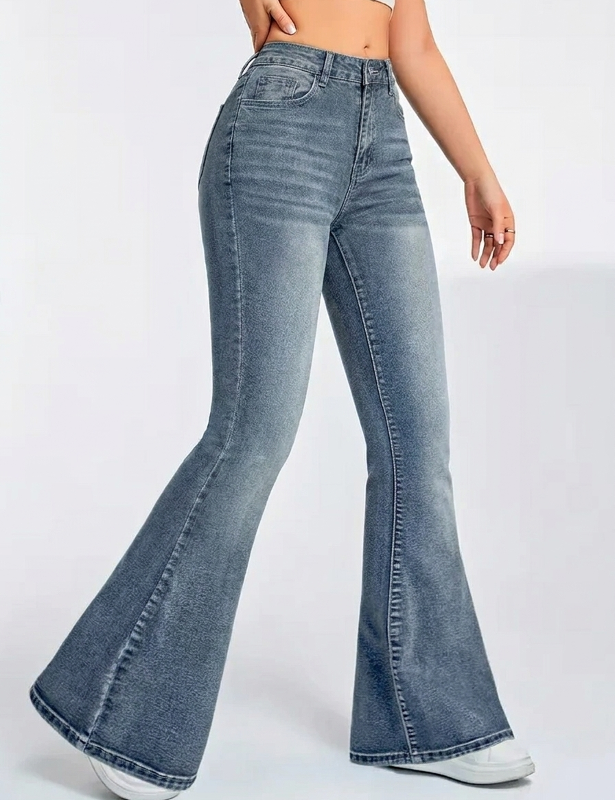 High Waist Women's Flare Pants in Classic Faded Wash for Effortless Retro Style 0