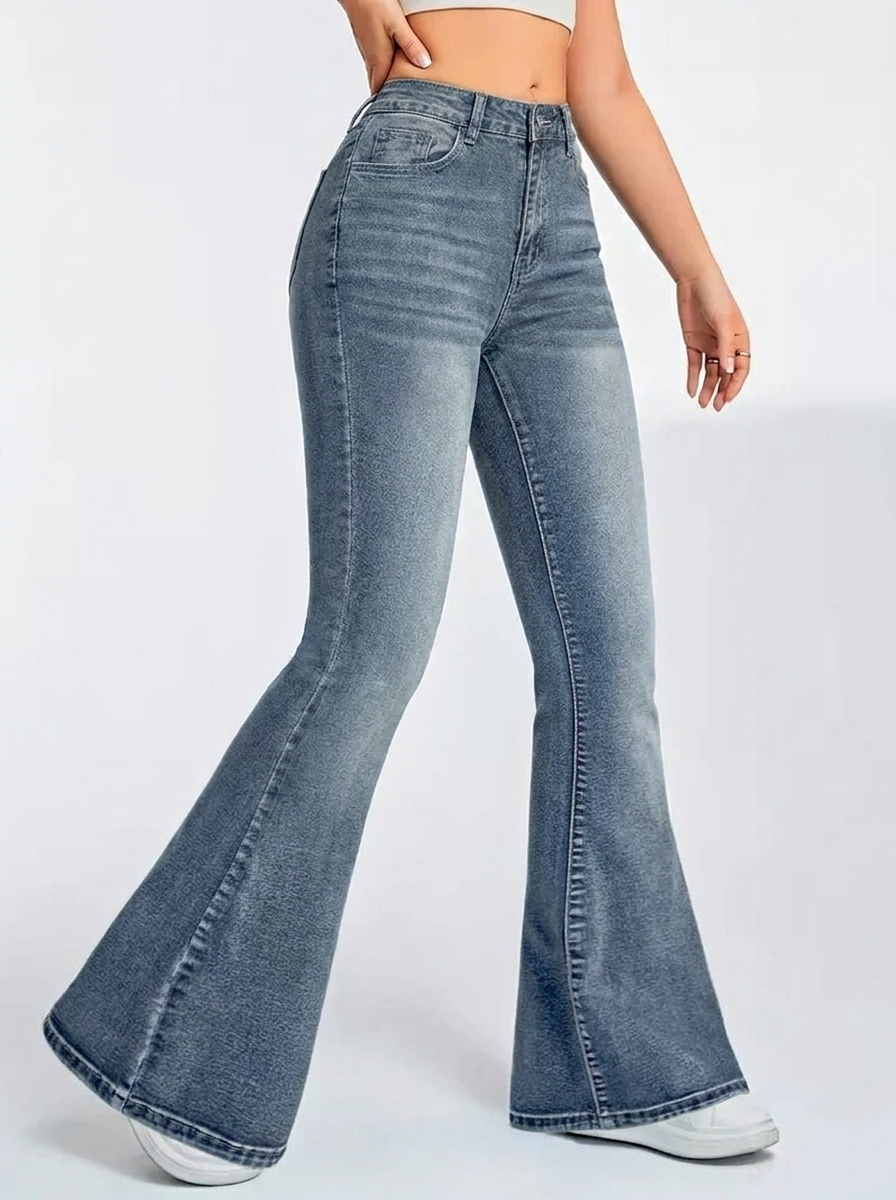 High Waist Women's Flare Pants in Classic Faded Wash for Effortless Retro Style 0