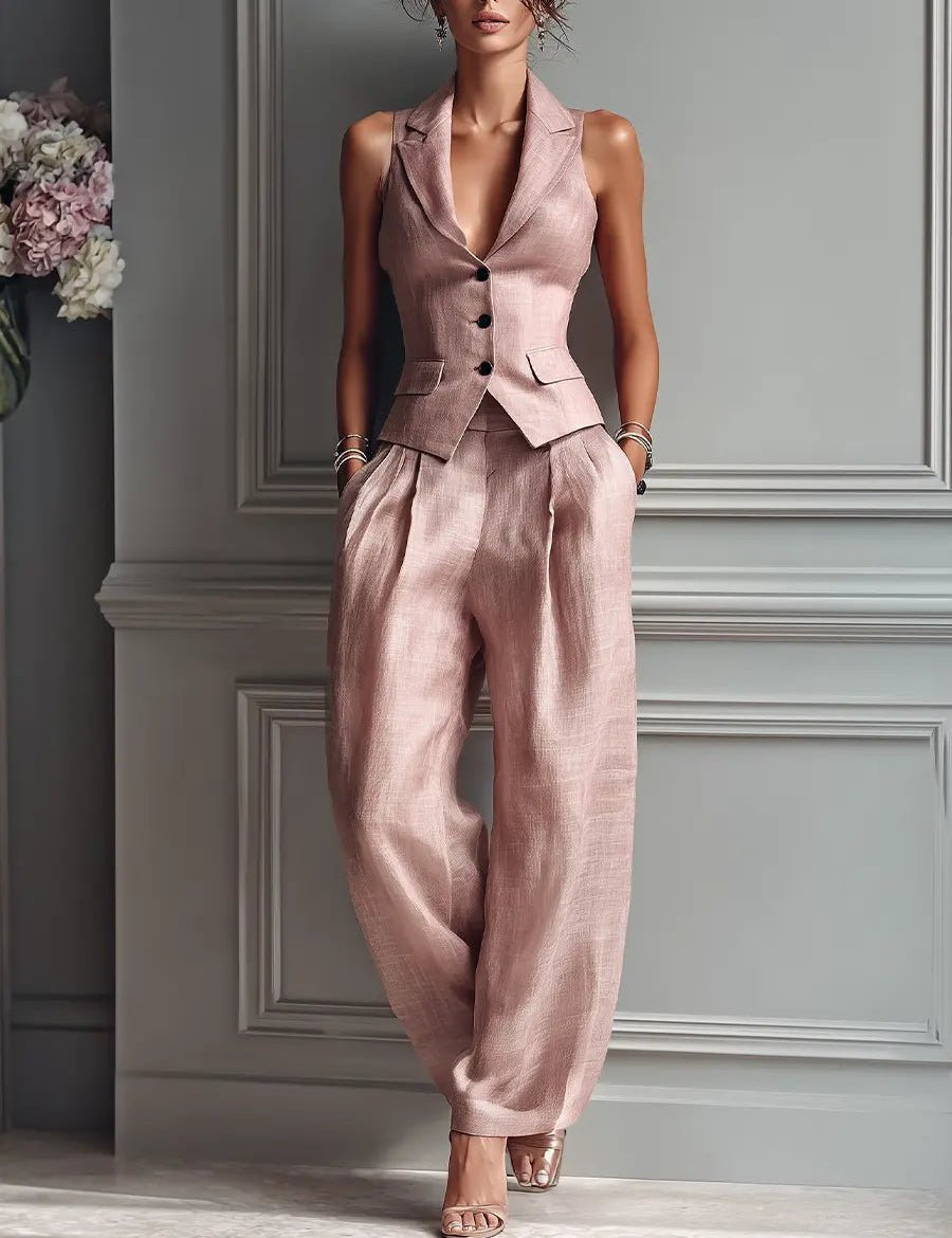 Isabella | Women's Linen Tailored Waistcoat Wide Leg Pants Two-Piece Set 0