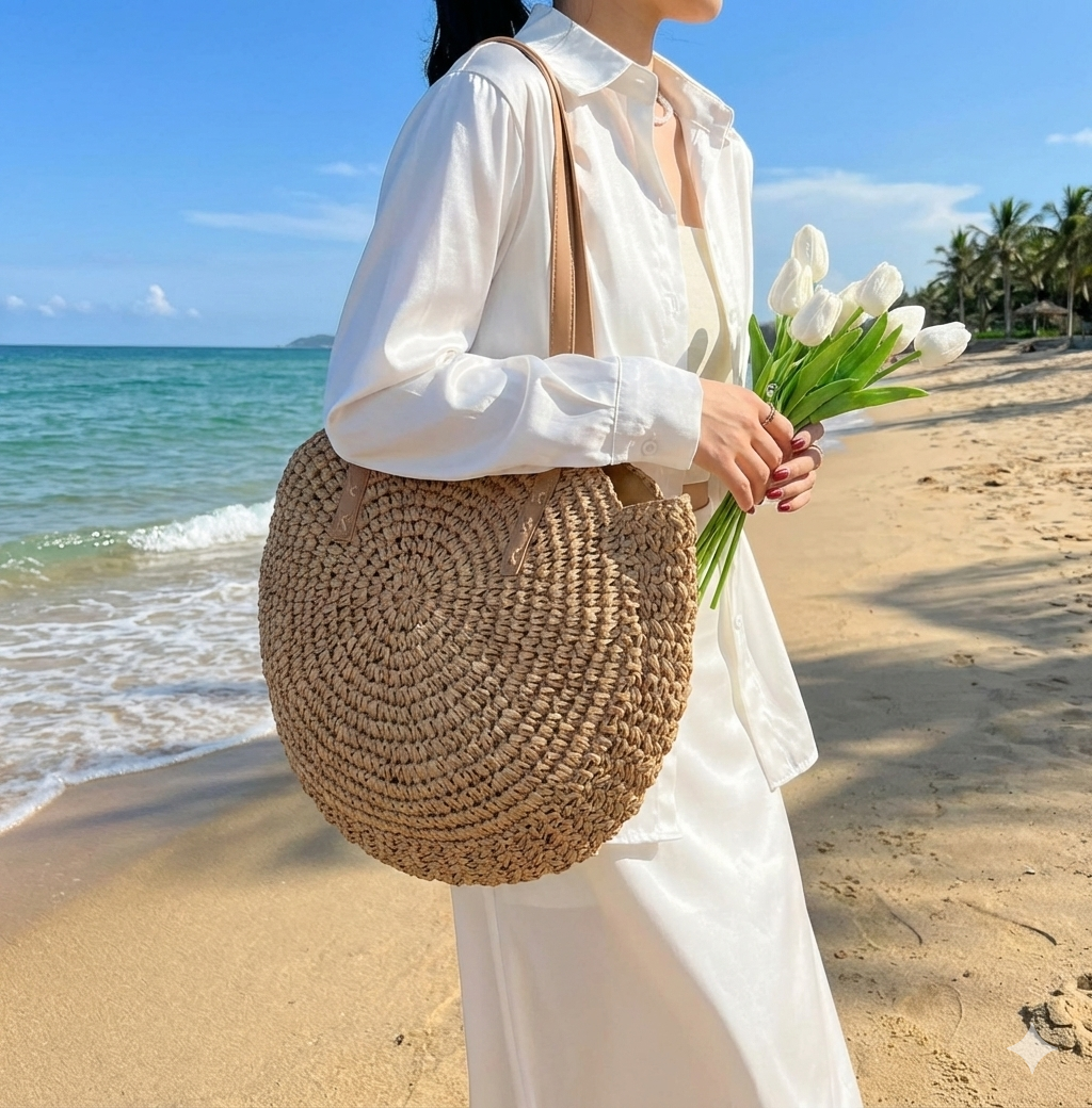 Large Woven Beach Bag Tote with Round Design & Comfortable Shoulder Strap - Perfect for Beach Outings and Everyday Use 1