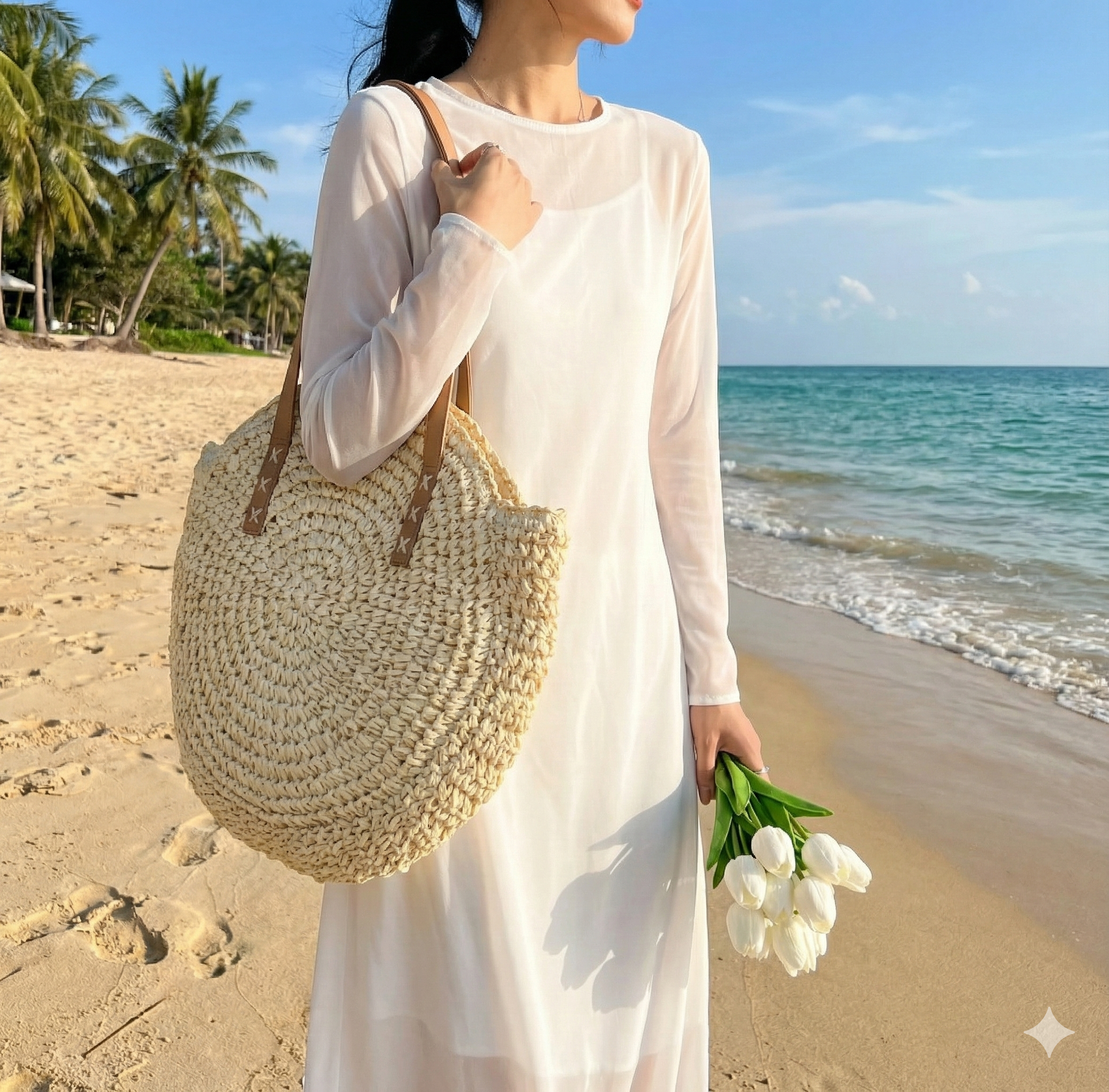 Large Woven Beach Bag Tote with Round Design & Comfortable Shoulder Strap - Perfect for Beach Outings and Everyday Use 4