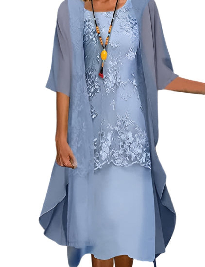 Layla | Women's Layered Lace Sheer Sleeve Wedding Guest Dress Midi 0