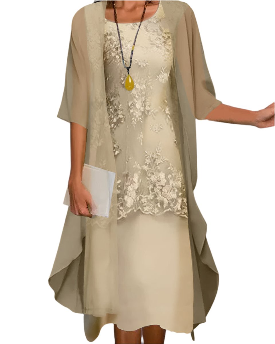 Layla | Women's Layered Lace Sheer Sleeve Wedding Guest Dress Midi 1