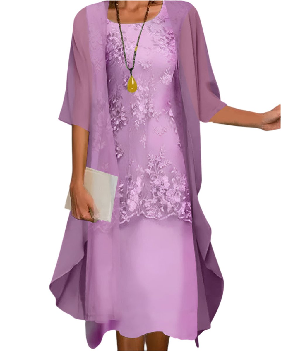 Layla | Women's Layered Lace Sheer Sleeve Wedding Guest Dress Midi 2