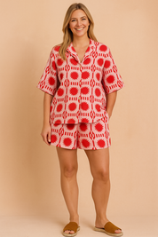Letti | Red patterned blouse with short sleeves and a collar 1