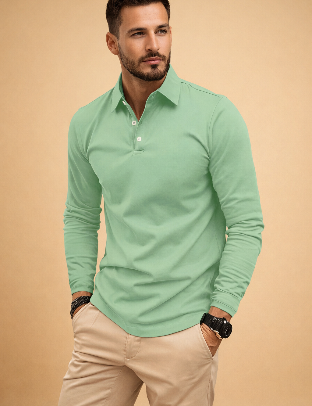 Łukasz | Modern, smooth men's long-sleeved polo shirt 4