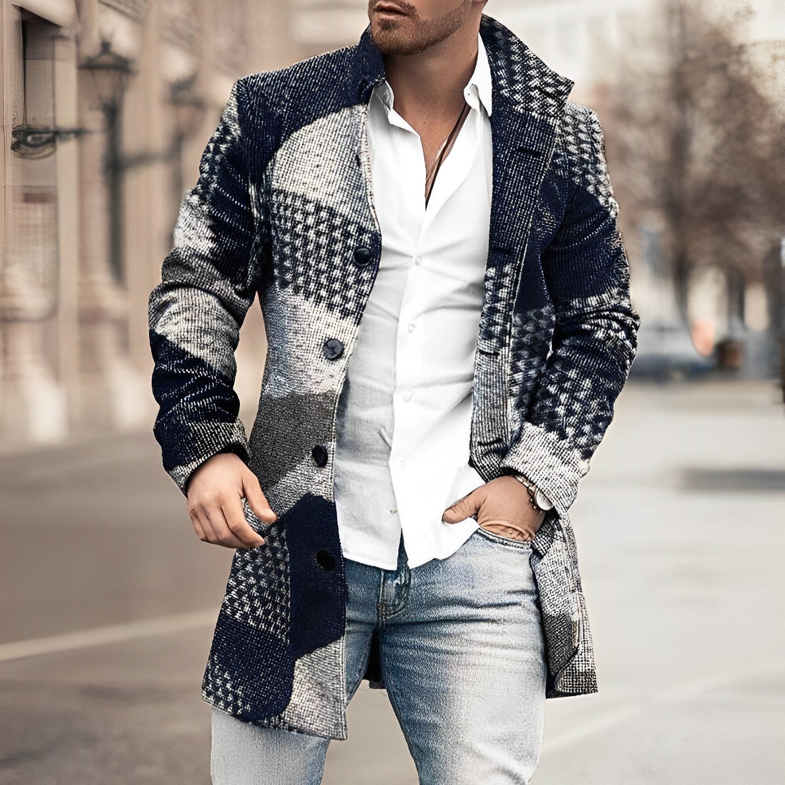 Men's Coat - Stylish Long Button-Up Overcoat for Versatile and Elegant Outerwear 2