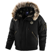 Men's Hooded Winter Bomber Jacket with Fluffy Trim and Zip Pockets 0