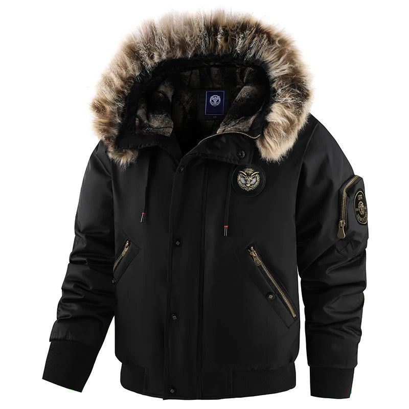 Men's Hooded Winter Bomber Jacket with Fluffy Trim and Zip Pockets 0