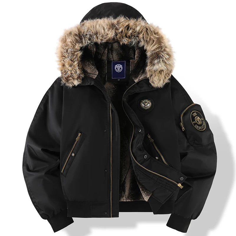 Men's Hooded Winter Bomber Jacket with Fluffy Trim and Zip Pockets 1