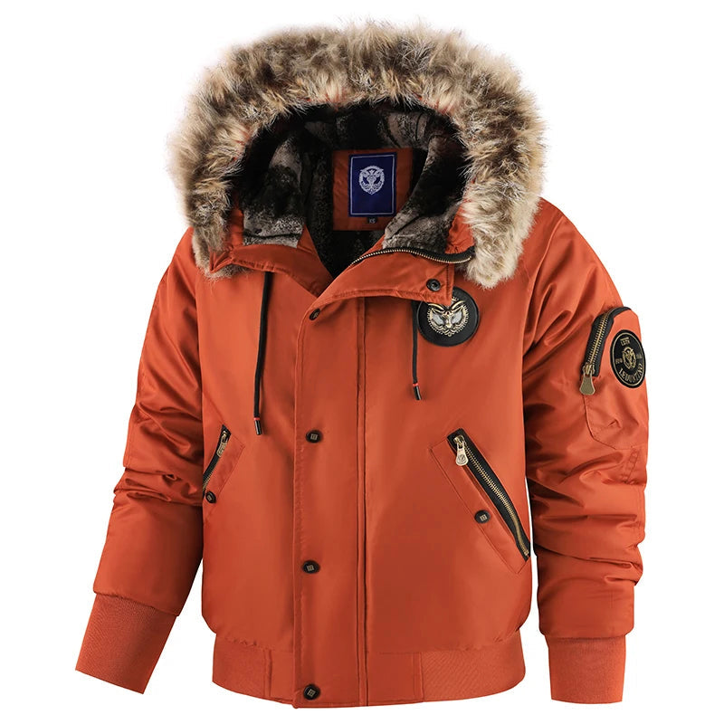Men's Hooded Winter Bomber Jacket with Fluffy Trim and Zip Pockets 4