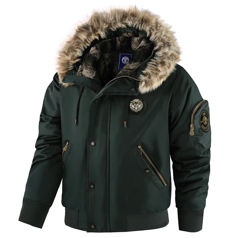 Men's Hooded Winter Bomber Jacket with Fluffy Trim and Zip Pockets 5