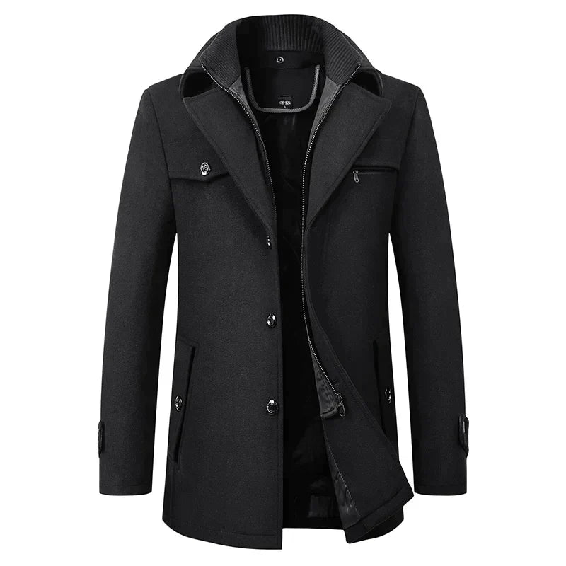 Men's Long Overcoat - Elegant Tailored Style Wool Coat for Winter, Classic Button Closure, Versatile Mens Trench Coat 0
