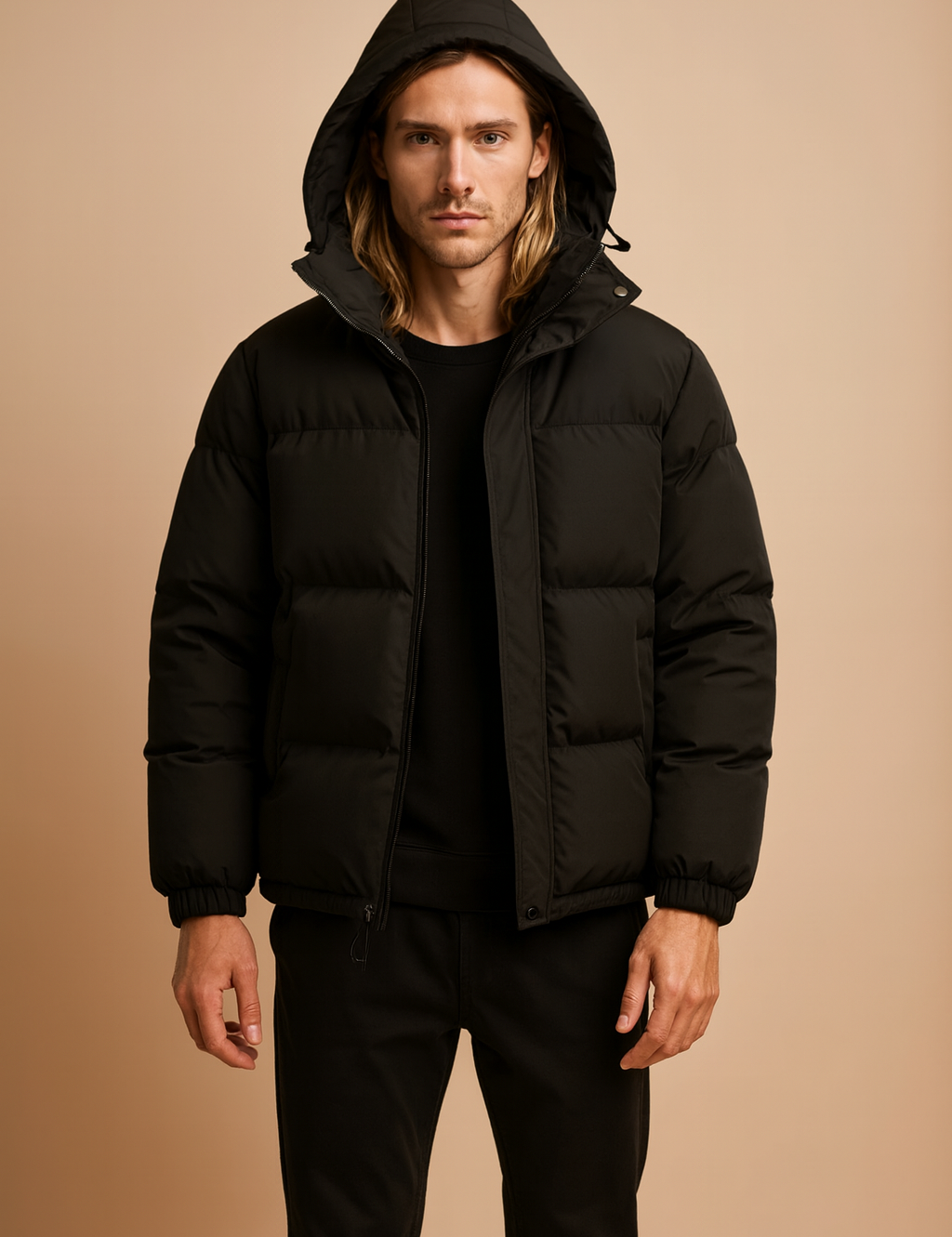 Men's Quilted Winter Jacket with Hood and Zipper 0