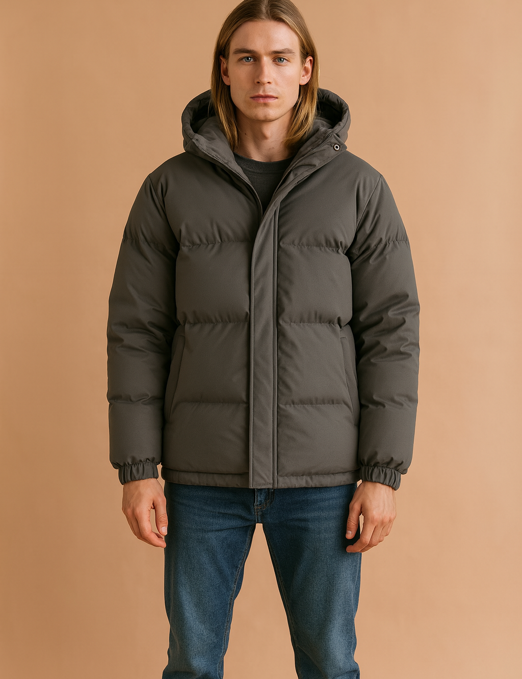 Men's Quilted Winter Jacket with Hood and Zipper 2