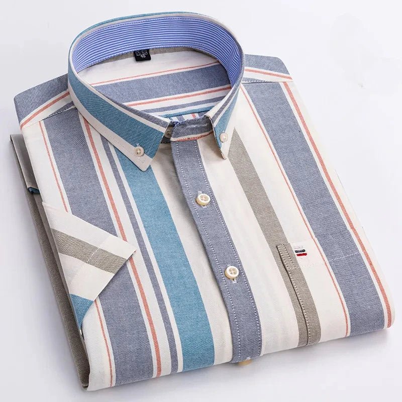Men's Shirt Short Sleeve Striped Tailored Fit Casual Button-Up for Spring and Summer 8