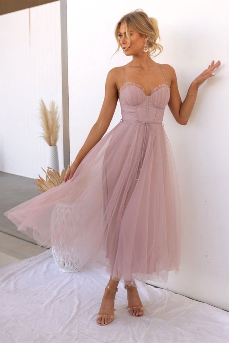 Mia | Women's Corset Bodice Tulle Midi Formal Evening Dress Sweetheart Neckline 4