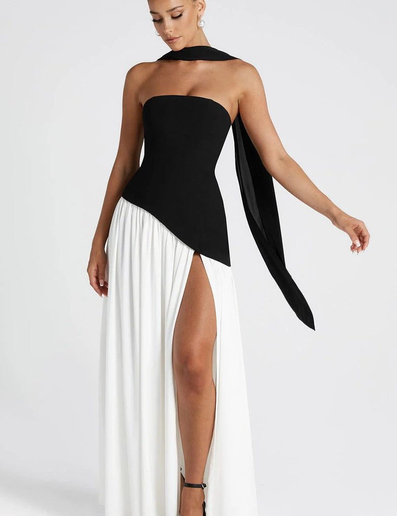 Mia | Women's Strapless Scarf-Neck Split Maxi Summer Dress Jumpsuit Style Gown 9