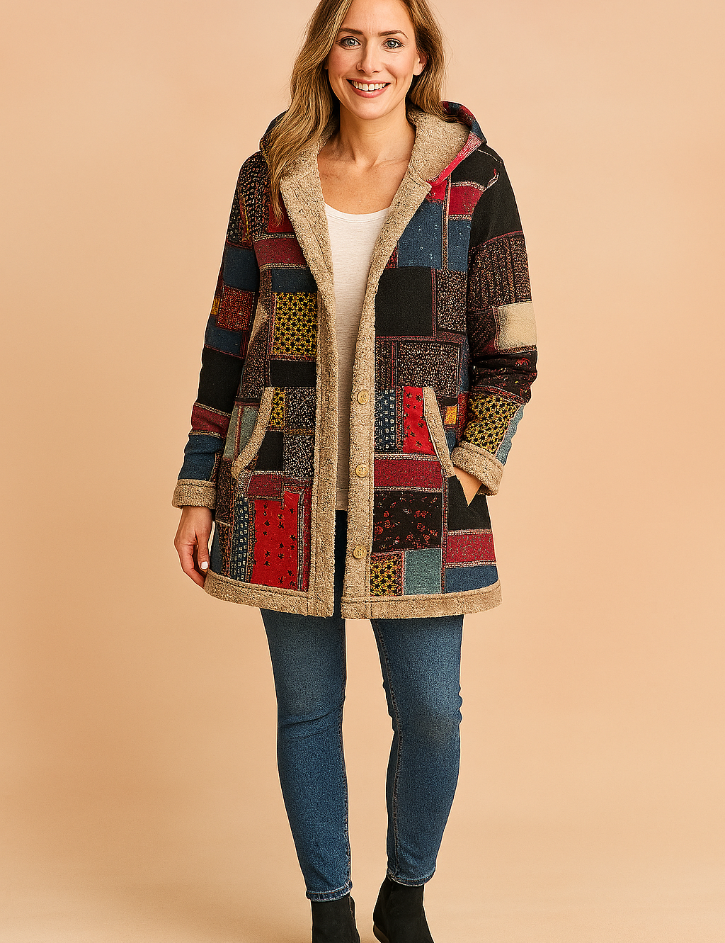 Milena | Long fleece jacket with a hood and a patchwork pattern 0