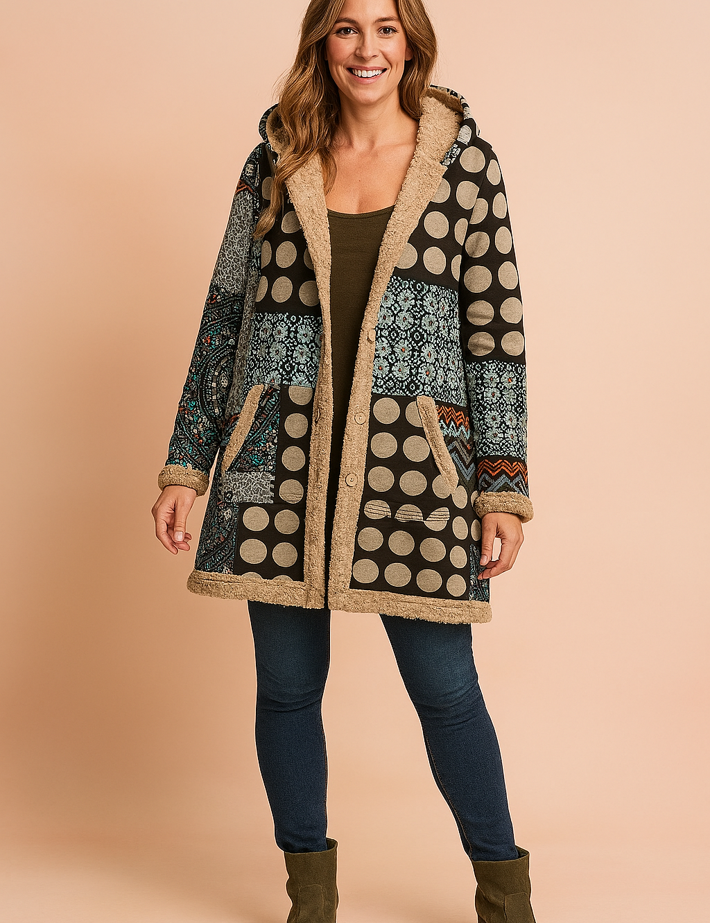 Milena | Long fleece jacket with a hood and a patchwork pattern 1