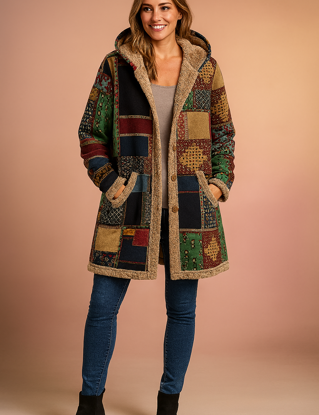 Milena | Long fleece jacket with a hood and a patchwork pattern 2