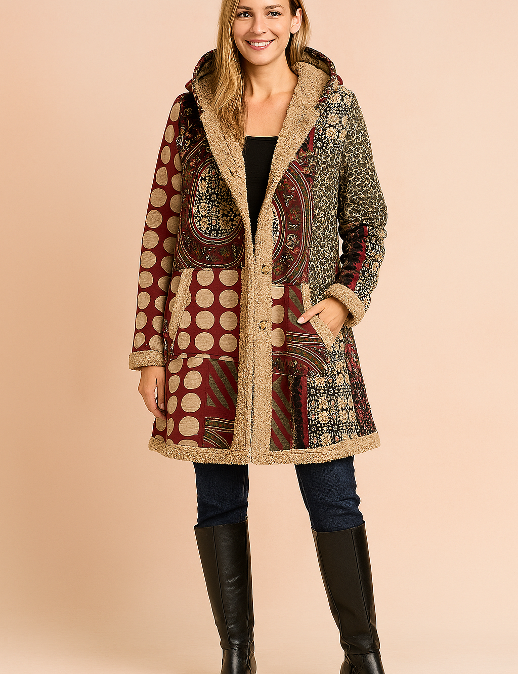 Milena | Long fleece jacket with a hood and a patchwork pattern 3