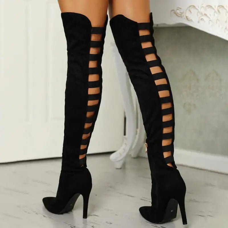 Orthopedic Black High Knee Boots with Arch Support and Cutout High Heel Design 1
