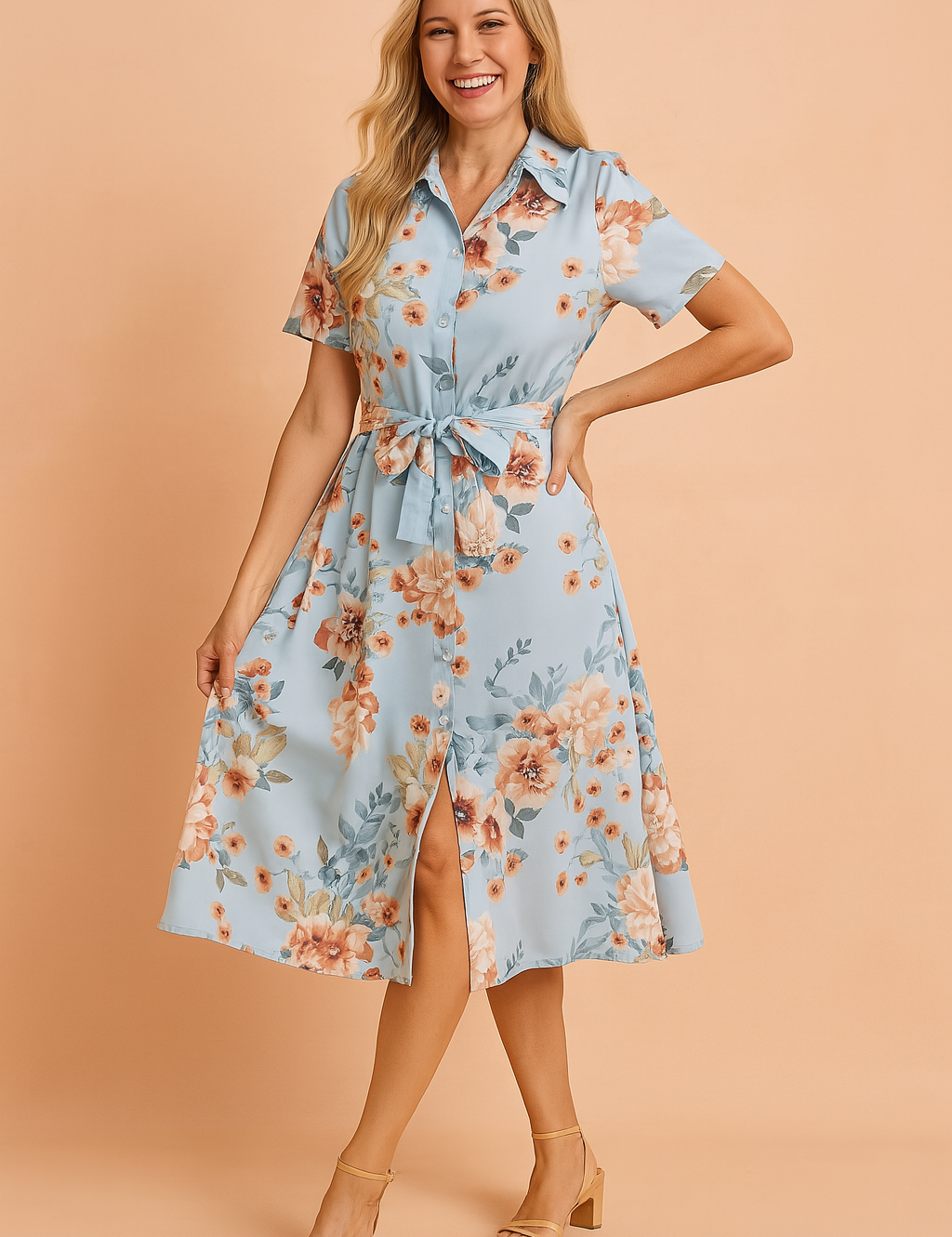 Rosa| Midi Shirt Dress with Belt and Slit 0