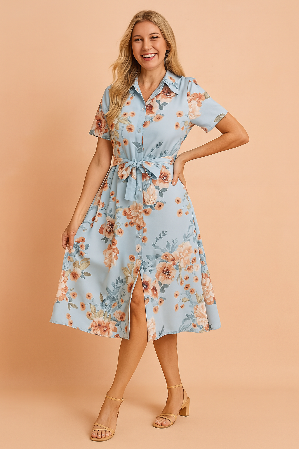 Rosa| Midi Shirt Dress with Belt and Slit 0