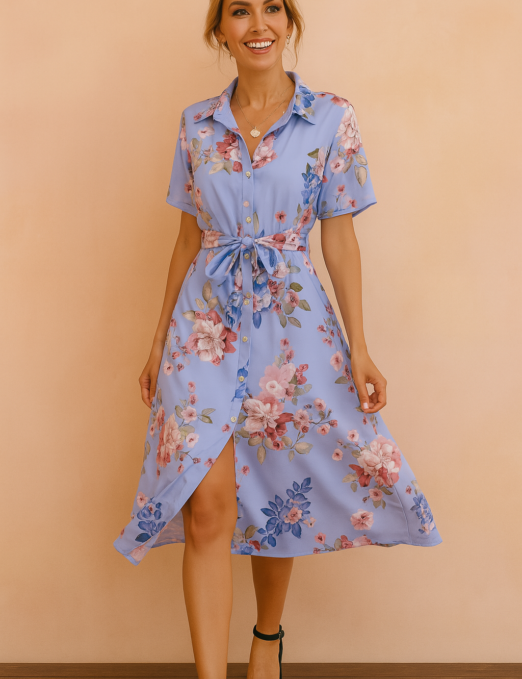 Rosa| Midi Shirt Dress with Belt and Slit 1